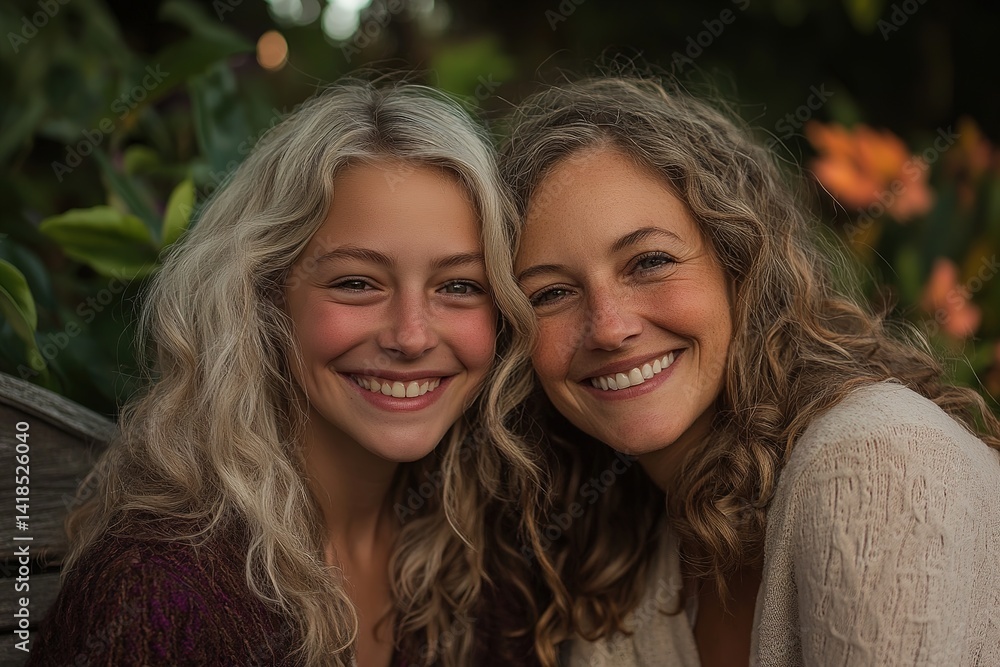 Obraz premium Generational portrait of mother, daughter, and granddaughter sharing laughter on garden bench