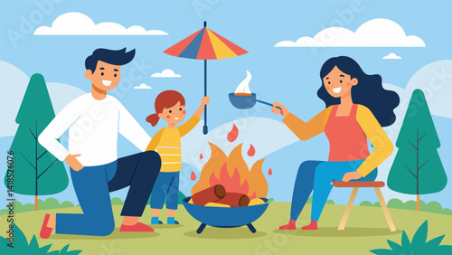 A family cooking a hearty meal over the campfire the smell of sizzling sausages and roasting vegetables filling the air.. Vector illustration