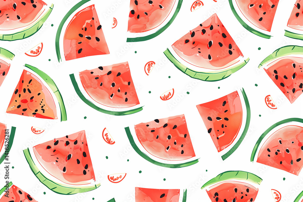 Watermelon Pattern of Fun Sliced Fruits in a Juicy Repeating Design for Children’s Wallpapers and Summer Decorations Watermelon Pattern of Fun Sliced Fruits in a Juicy Repeating Design for Children’s Wallpapers and Summer Decorations