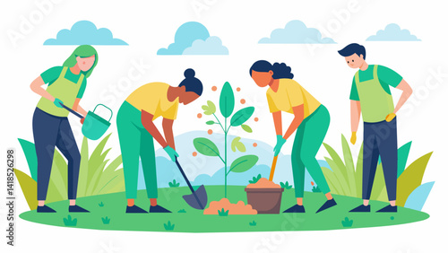 A team of volunteers working together to mulch and fertilize the soil in the prayer garden ensuring healthy and thriving plant growth.. Vector illustration