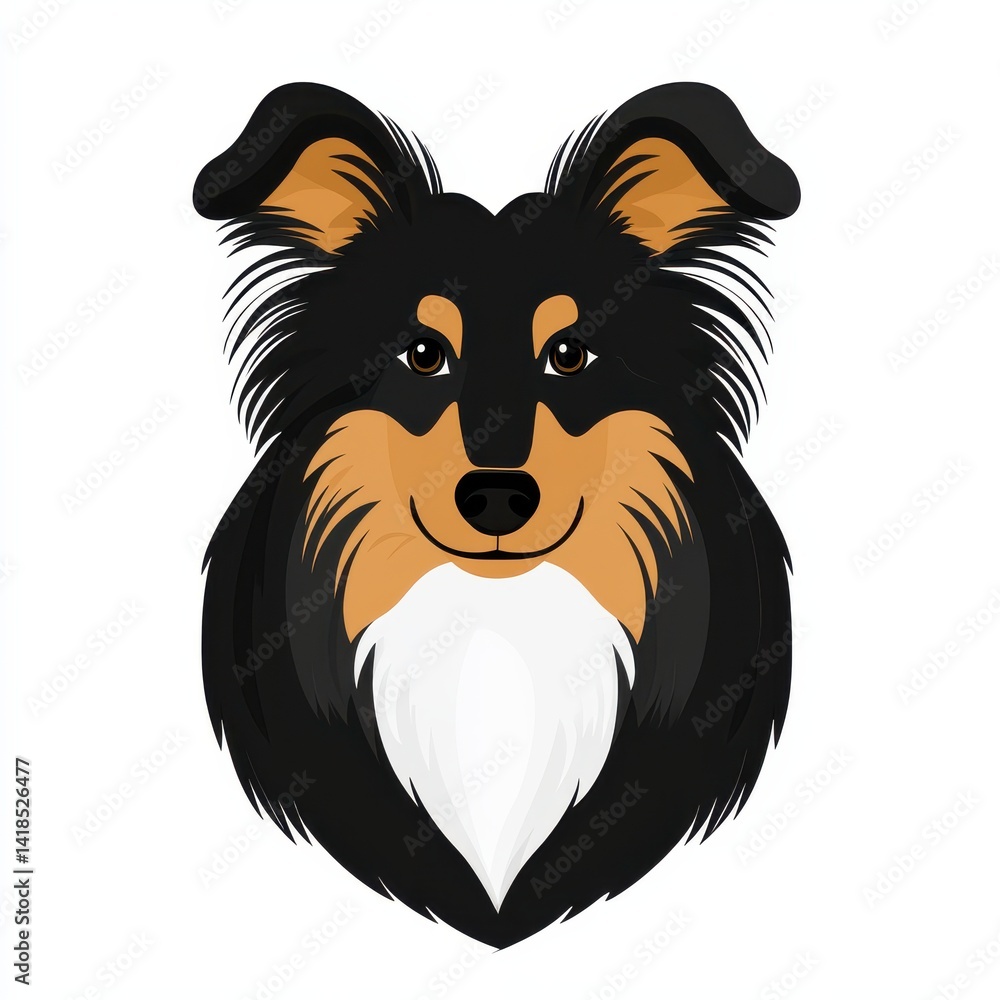 Obraz premium Illustration of a Shetland Sheepdog with black, tan, and white fur and alert expression