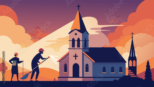 Amidst a beautiful sunset workers using power washers to clean a church steeple revealing its majestic architecture.. Vector illustration