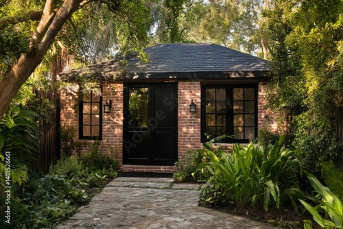A delightful brick cottage is comfortably situated amidst a rich tapestry of greenery, enveloped by vibrant foliage that glows in the warm afternoon sunlight