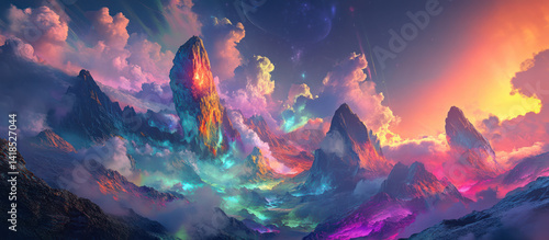 Colorful mountainous landscape with radiant clouds and fantasy atmosphere