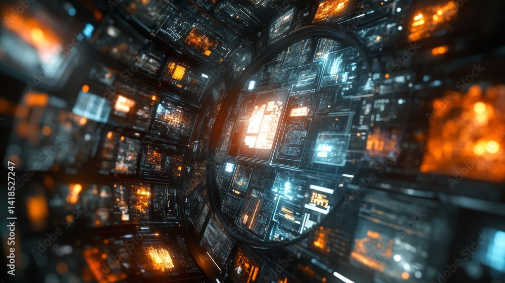 Fototapeta premium Futuristic technology tunnel displays intricate data and illuminated panels