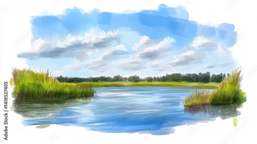 Obraz premium Tranquil marshland scene water grass sky peaceful vibe