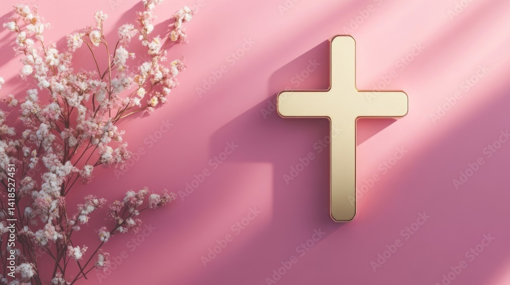 Obraz premium Golden Cross and Delicate Blooms: A Serene Pink Minimalist Composition