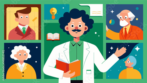 A scientists groundbreaking discoveries and contributions to their field chronicled in a set of educational biographical comic strips within their art. Vector illustration