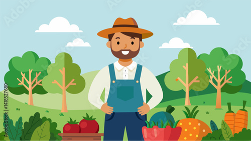 A farmer proudly stands next to his large victory garden providing fresh and affordable produce for his local community.. Vector illustration
