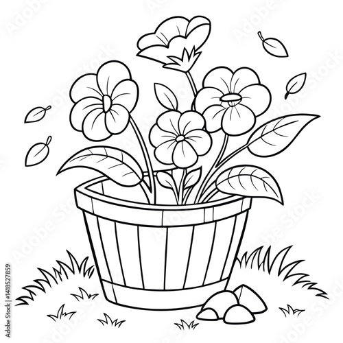 Cute Cartoon Flowers in Wooden Pot Coloring Page Illustration