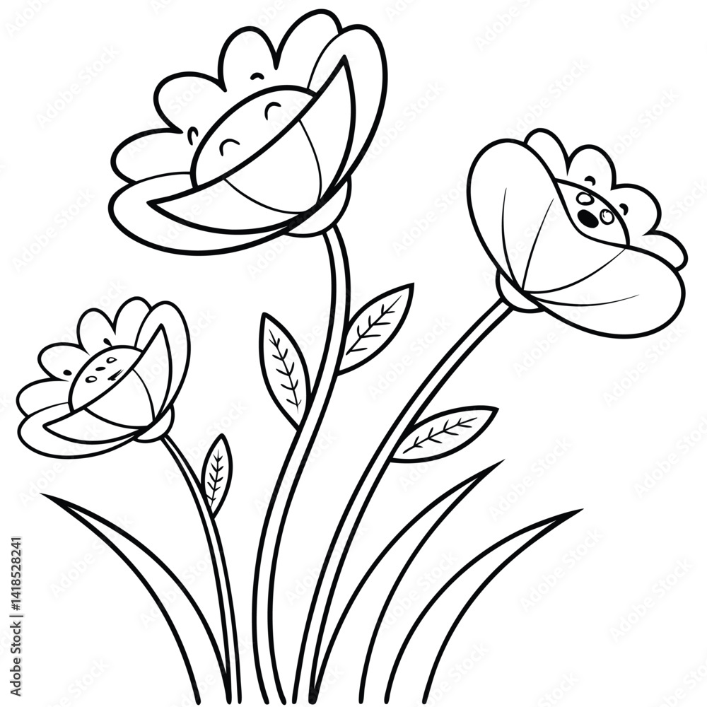 Naklejka premium Simple Line Drawing of Flowers and Butterfly