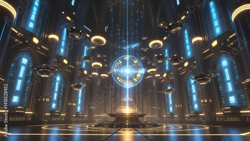 Vast futuristic hall with gothic architecture, glowing data streams, and hovering drones surrounding a radiant digital core.