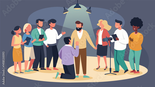 As the rehearsal comes to an end the cast and crew gather in a circle once again thanking God for the opportunity to share His message through their. Vector illustration