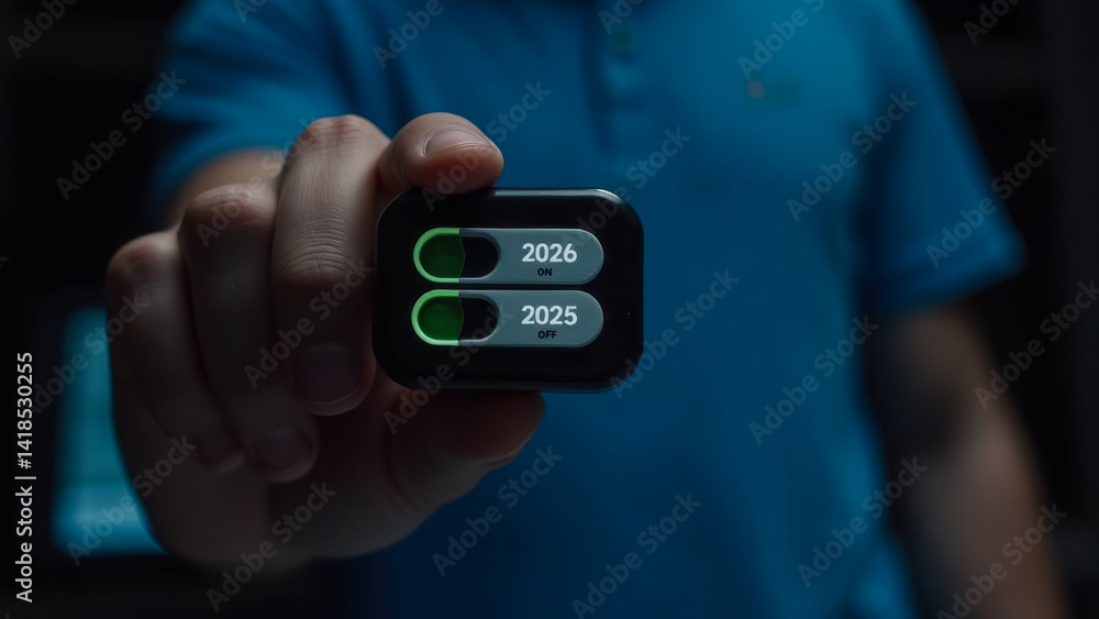 A person holding a digital device showing toggle buttons for years 2025 and 2026 in a darkened environment with soft focus background A person holding a digital device showing toggle buttons for years 2025 and 2026 in a darkened environment with soft focus background