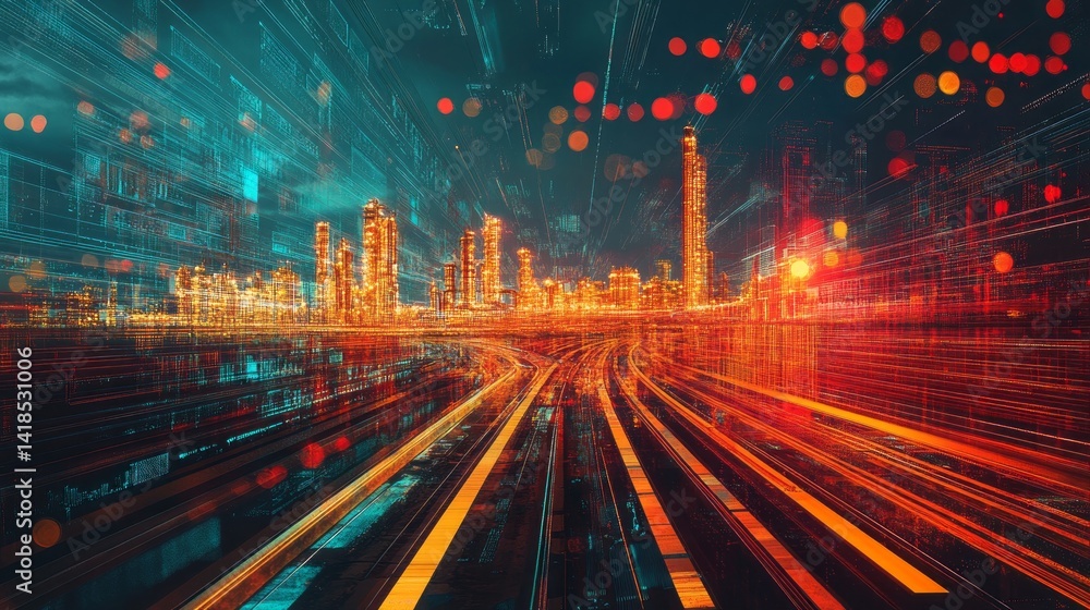 Abstract glowing cityscape at night with streaks of light Abstract glowing cityscape at night with streaks of light