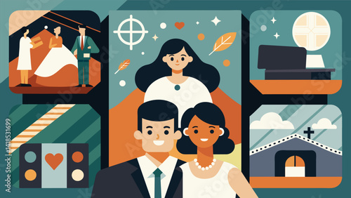 A video montage of old home movies capturing weddings baptisms and other special occasions held in the church evoking feelings of nostalgia and fond. Vector illustration