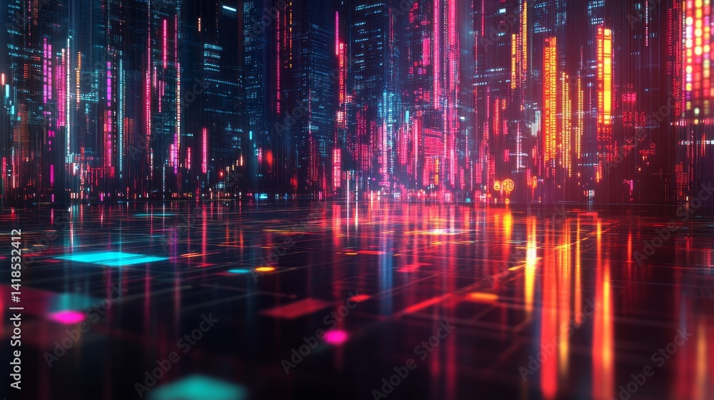 Obraz premium Cyberpunk city street with neon lights and futuristic architecture