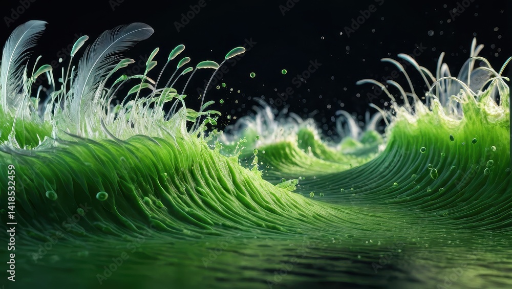 Abstract Green Waves with Feathered Plants