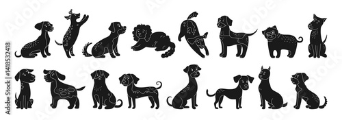 Cute Dogs cartoon silhouette set illustration for kids. Funny childish dogs of different breeds stencil stamp. Puppy various poses playing sitting pet. Cute comic pedigree canine animals print vector
