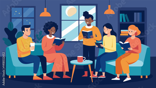 In a modern apartment living room a group of young professionals meet for a Bible study on the book of Esther sharing insights as they sip on cups of. Vector illustration