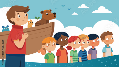 Children eagerly lining up after Sunday school to take turns peering into a model of Noahs Ark their eyes wide with wonder at the thought of animals. Vector illustration