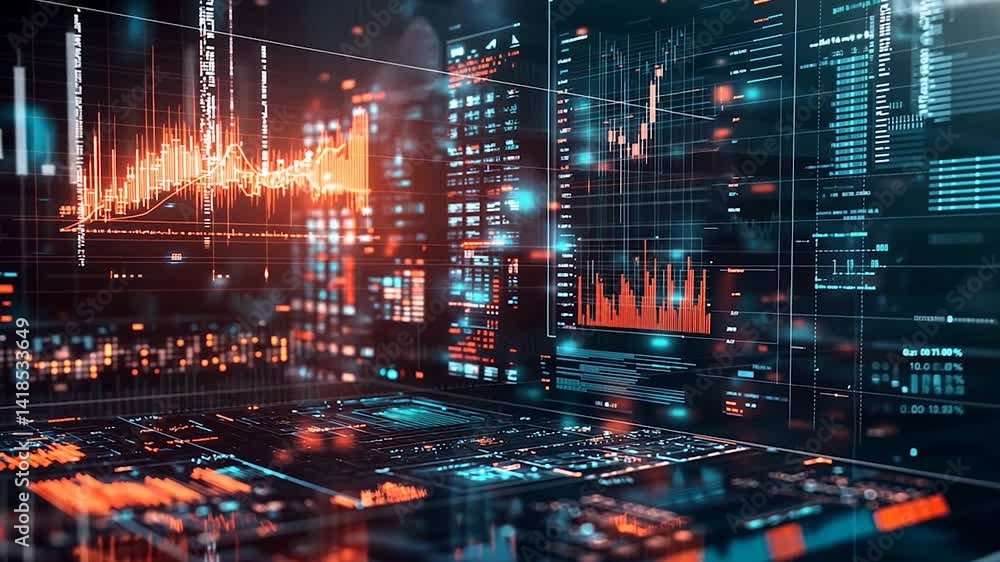 Futuristic data analysis interface showcasing vibrant graphs and metrics Futuristic data analysis interface showcasing vibrant graphs and metrics