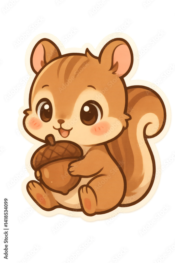 Adorable cartoon squirrel sitting upright, holding a brown acorn, with big eyes and rosy cheeks, set against a solid dark background. Adorable cartoon squirrel sitting upright, holding a brown acorn, with big eyes and rosy cheeks, set against a solid dark background.