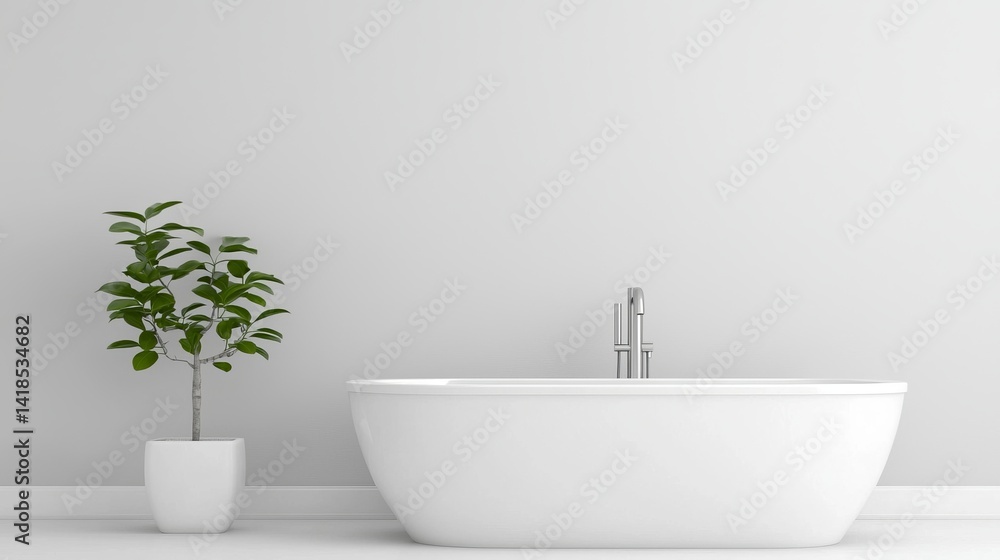 Fototapeta premium Modern Bathroom Design with Freestanding Bathtub and Potted Plant