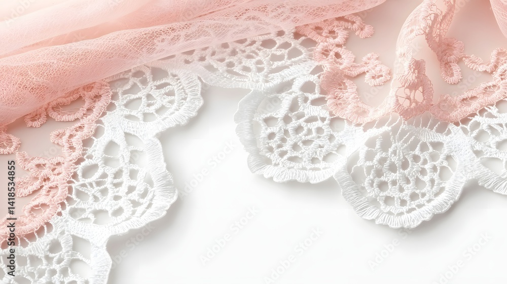 Obraz premium Delicate Lace Fabric with Soft Pink Tulle Over White Background for Elegant Designs