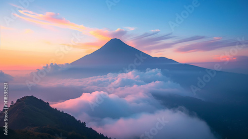 Mountain Peak Emerging From Cloudscape at Dawn with Colorful Sky
