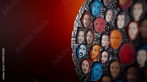 Colorful mosaic of diverse human faces in circular arrangement against a vibrant background