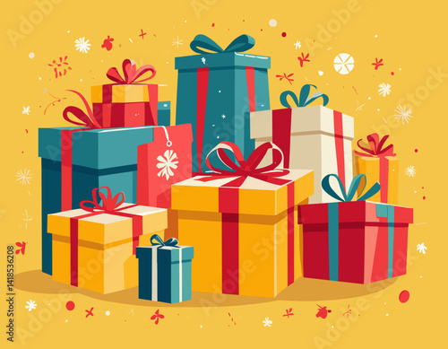 Sale inviting banner with gift boxes pattern on yellow background, Big discounts poster.Boxing day.Invitation for shopping,special offer card,template design for promotions, flyers.Vector illustration