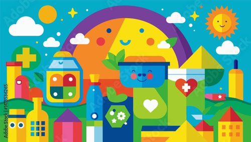 A colorful mural made entirely out of recycled materials serving as a reminder for students to participate in their schools recycling drive.. Vector illustration