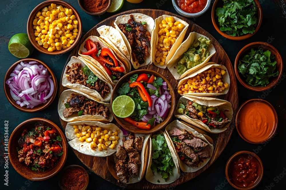 Fototapeta premium Vibrant overhead shot of festive Mexican cuisine, perfect for food events, Taco Tuesdays, or culinary promotions showcasing rich flavors and colorful presentations.