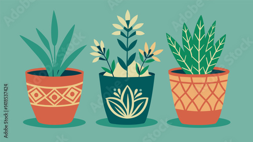 A series of ceramic planters with intricate handcarved designs of medicinal herbs serving as both functional pottery and artistic statement pieces.. Vector illustration