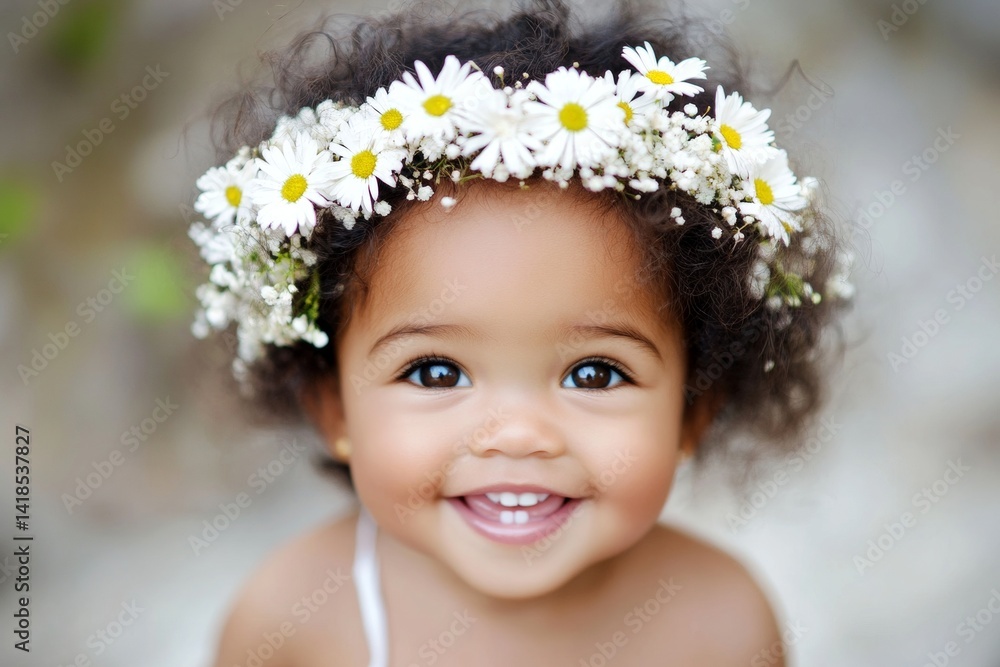 Happy mixed-race toddler girl wearing white flower crown on her head. Sunny daylight. Happy summertime symbol. Girl’s dreamy summer portrait. White dress and floral charm. Happy child in summe. Happy mixed-race toddler girl wearing white flower crown on her head. Sunny daylight. Happy summertime symbol. Girl’s dreamy summer portrait. White dress and floral charm. Happy child in summe.