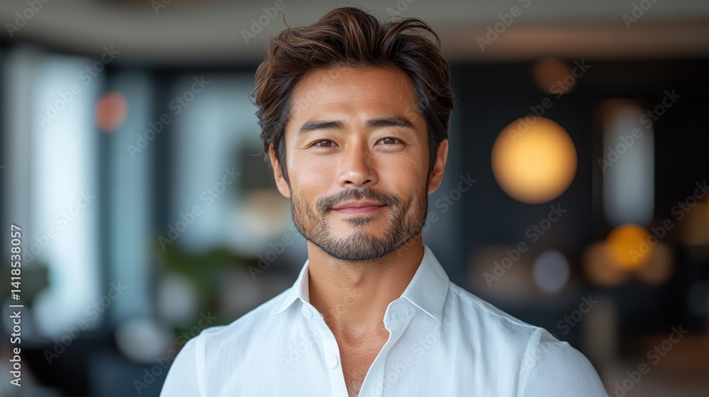 Fototapeta premium Close-up portrait of a smiling man with short brown hair and a goatee, wearing a white collared shirt