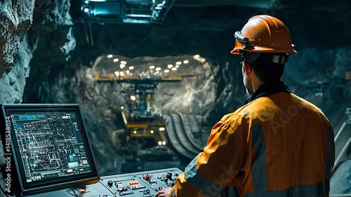 Miner Operating Advanced Machinery in Underground Quarry with Lights