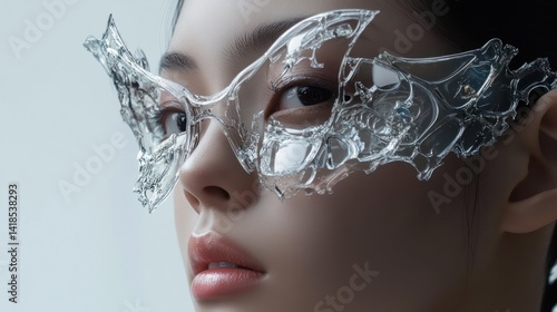 Futuristic, intricate glasses on a woman's face.  Clear, sculpted frames with a delicate, ornate design