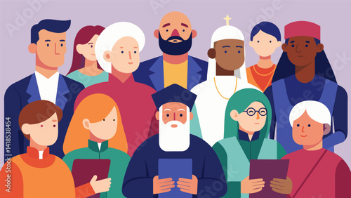 A panel of religious leaders surrounded by supporters eloquently share the importance of religious freedom and the impact it has on communities.. Vector illustration
