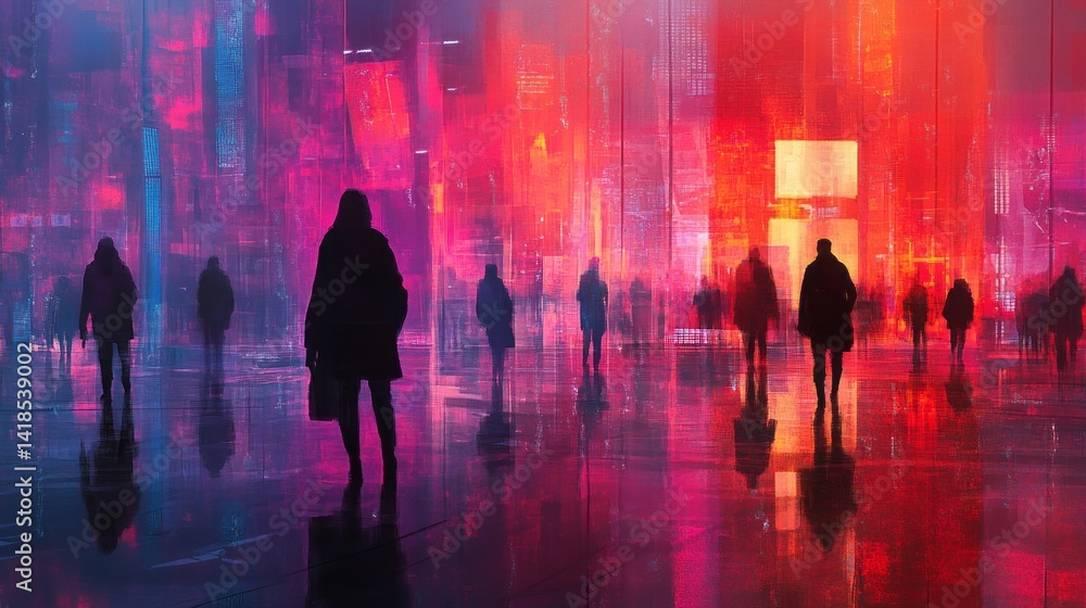Silhouetted figures walk through vibrant futuristic neon city landscape Silhouetted figures walk through vibrant futuristic neon city landscape