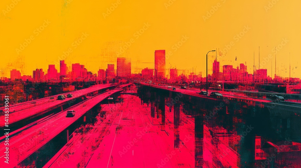 Fototapeta premium Stylized city skyline with elevated highways in red and yellow