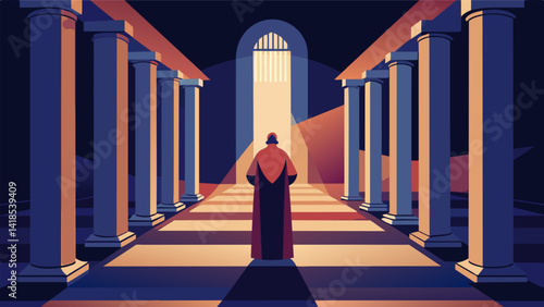 Amid the towering columns of the chapel a person stands quietly the echo of their soft humming filling the room like a soothing hymn.. Vector illustration
