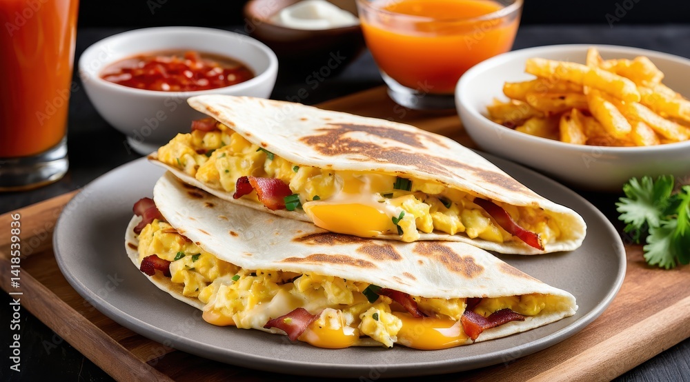 Scrumptious breakfast quesadillas filled with gooey cheese, bacon, and scrambled eggs, served on a wooden board alongside a bowl of macaroni and sauce Scrumptious breakfast quesadillas filled with gooey cheese, bacon, and scrambled eggs, served on a wooden board alongside a bowl of macaroni and sauce