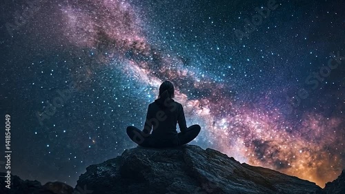 Person Meditating on a Rock Under a Starry Sky at Night