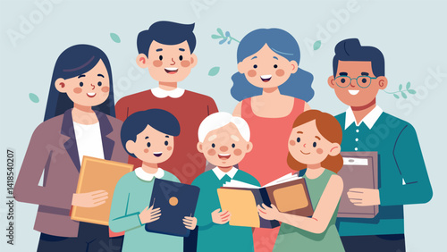 A family reunion with cousins excitedly sharing their own heritage scrapbooks with each other.. Vector illustration