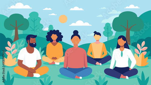 A circle of individuals sitting in a serene garden their faces serene and content as they breathe deeply and let go of any stress or worries.. Vector illustration