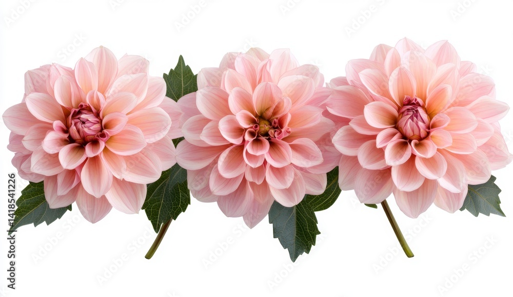 Delicate Pink Dahlias with Lush Green Leaves on White Background Delicate Pink Dahlias with Lush Green Leaves on White Background