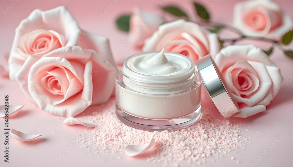 Cosmetic cream jar, pink roses, soft pastel colors, beauty product photography, delicate petals, skincare moisturizer, feminine aesthetic Cosmetic cream jar, pink roses, soft pastel colors, beauty product photography, delicate petals, skincare moisturizer, feminine aesthetic