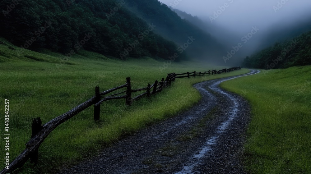 Misty mountain path winds through lush green valley, lined by rustic wooden fence. A tranquil, serene, and slightly ethereal landscape Misty mountain path winds through lush green valley, lined by rustic wooden fence. A tranquil, serene, and slightly ethereal landscape